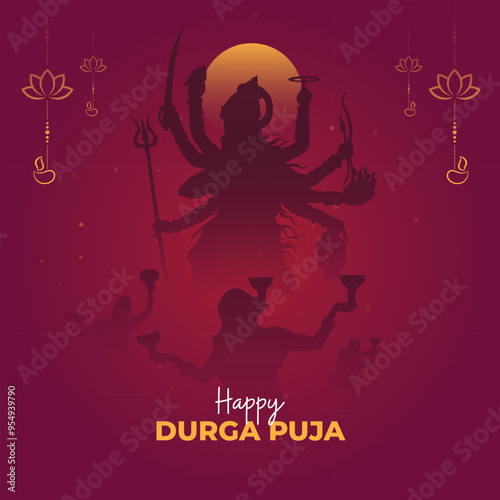 Happy Durga Puja Festival Background Design with Goddess Durga Silhouette Illustration