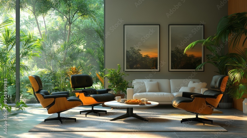 Fototapeta premium Modern living space with chairs, coffee table, and greenery.