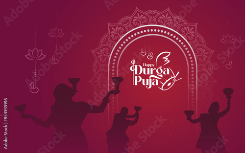 Happy Durga Puja Festival Background Design with Goddess Durga Silhouette Illustration photo