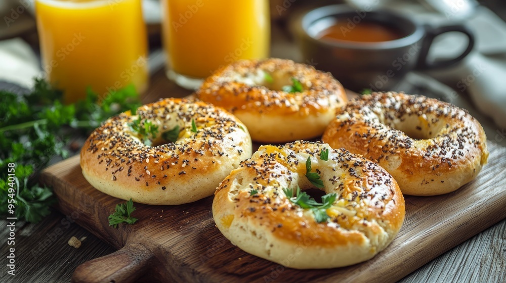 Bagels with fresh cheese and herbs on a breakfast table , with fresh orange juice and coffee on the side