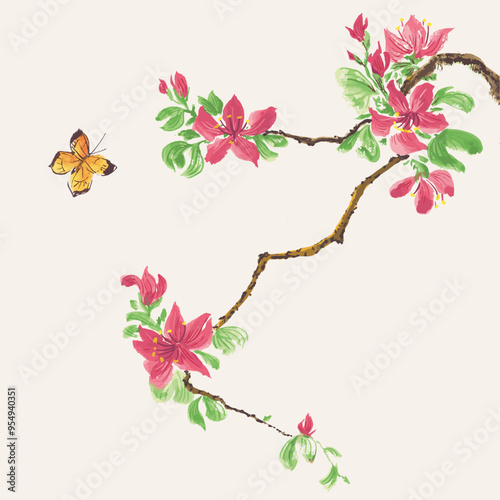 Chinese Painting Red Bauhinia Variegata Flower and Butterfly