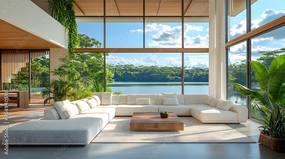 Luxurious open-plan living room, floor-to-ceiling windows, panoramic lake view, bright natural light, modern white furniture, high vaulted ceiling, wooden accents. Luxurious open-plan living room, floor-to-ceiling windows, panoramic lake view, bright natural light, modern white furniture, high vaulted ceiling, wooden accents.