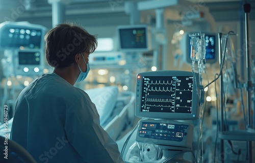 An emergency room control panel is used by a medical practitioner to monitor patient vital signs in an intensive care unit.