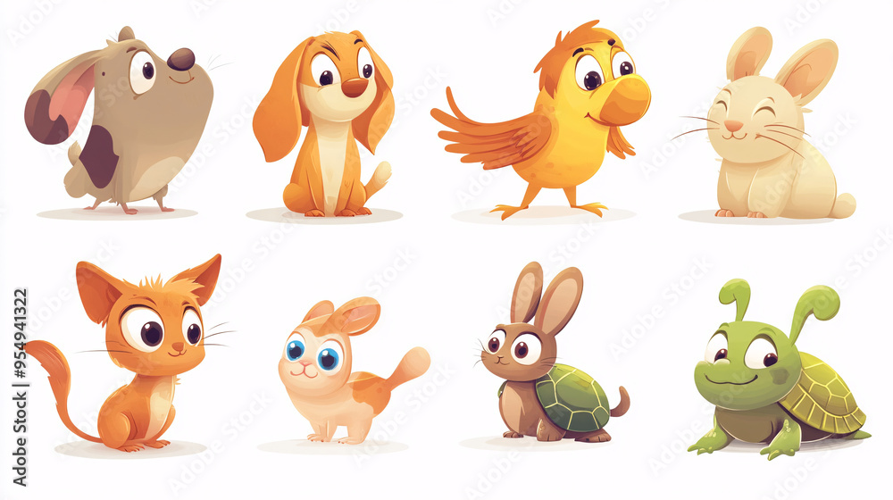 Set of Cute Cartoon Pet Animals Including Dog and Tortoise Set of Cute Cartoon Pet Animals Including Dog and Tortoise