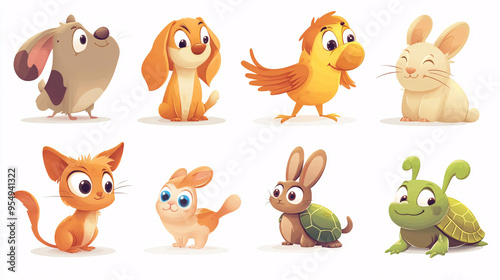 Set of Cute Cartoon Pet Animals Including Dog and Tortoise