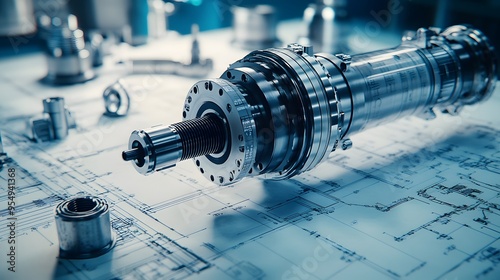 Mechanical engineering blueprint, precision metal parts, cylindrical components, technical drawings, machined steel elements, industrial design, bright studio lighting.