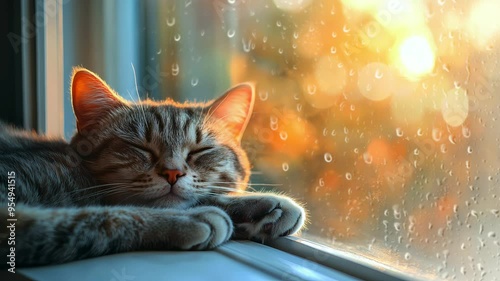 adorable Cat peacefully sleeping on a cozy table near the window looping 4k time-lapse virtual video animation background.