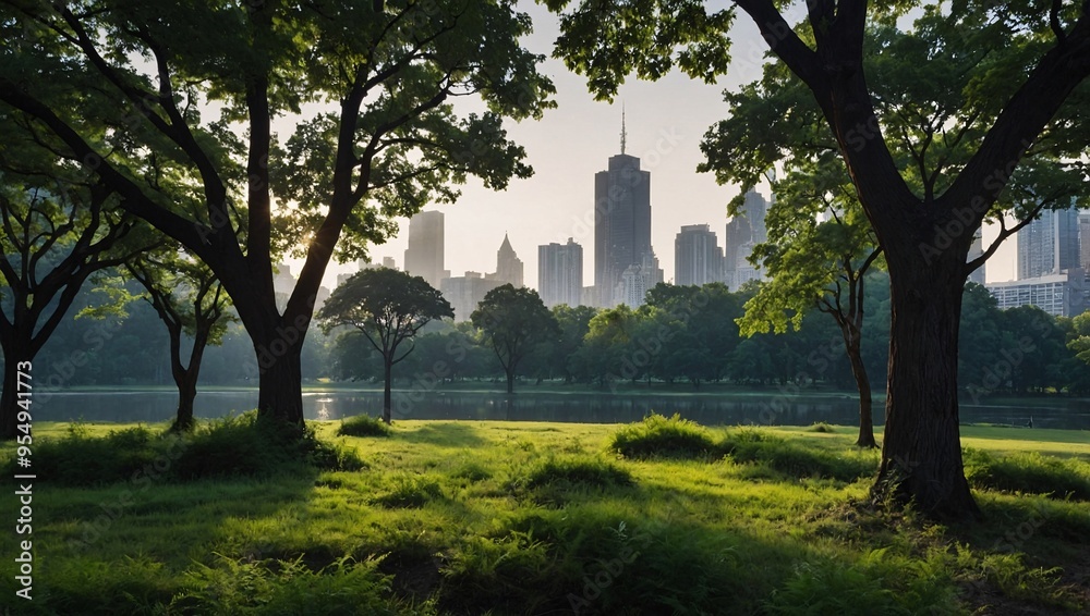 Nature and urban life blend seamlessly in a park where trees frame distant buildings. Nature and urban life blend seamlessly in a park where trees frame distant buildings.