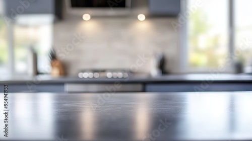 A modern kitchen countertop with blurred background elements, showcasing a stylish and functional cooking space.