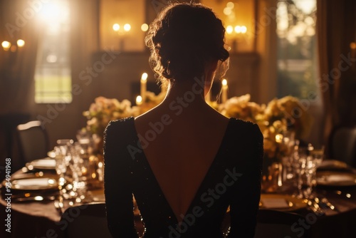 A woman in a classy dress gazes at a beautifully set dinner table. The candlelight creates a warm and inviting atmosphere. This image is elegant and perfect for events. Generative AI