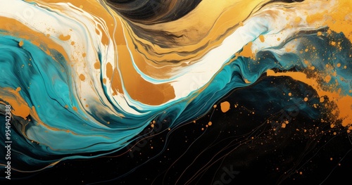 Wallpaper Mural A vibrant abstract painting featuring flowing waves of turquoise, gold, and black, evoking a sense of movement and fluidity. Torontodigital.ca