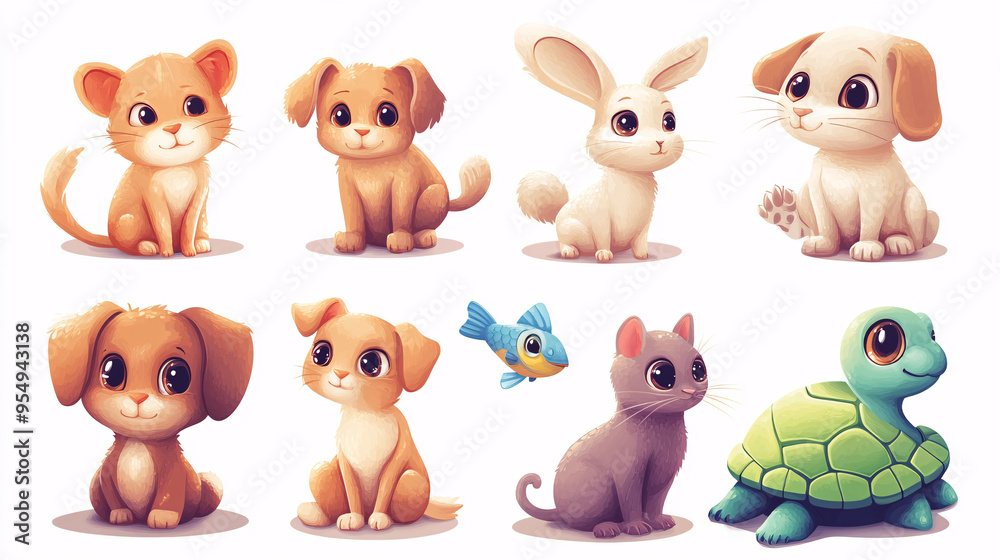Fototapeta premium Adorable Cartoon Pet Animals Including Dog, Cat, Rabbit, and More