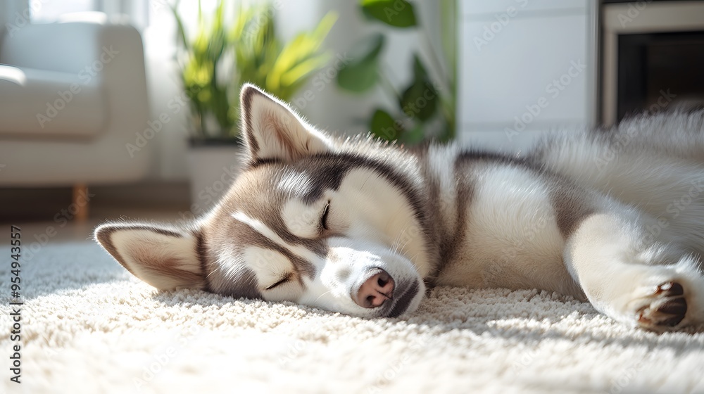 Fototapeta premium Sleepy Siberian Husky, lying on beige carpet, cozy living room setting, soft natural light, modern interior, houseplants in background, white sofa, hardwood floors.