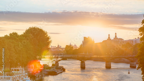 Canvas Print View to Pont des Arts in Paris at sunset timelapse, France