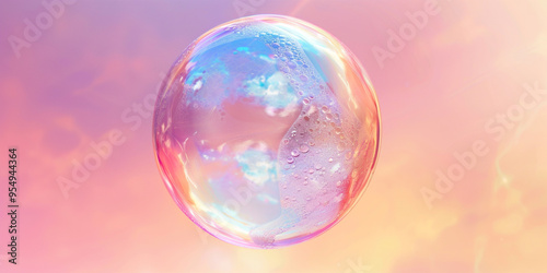 Transparent soap bubble on water surface with pink and blue background 