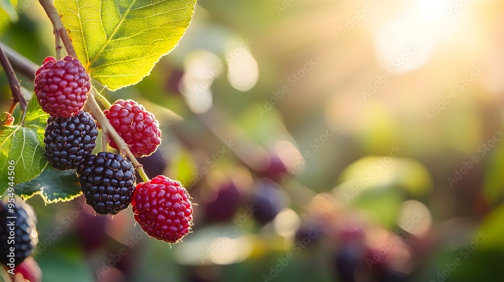 Vibrant mulberries on branch, ripe black and red fruit, lush green leaves, sunlit orchard, macro photography, juicy berries, fresh harvest, bright natural lighting, organic farming. Vibrant mulberries on branch, ripe black and red fruit, lush green leaves, sunlit orchard, macro photography, juicy berries, fresh harvest, bright natural lighting, organic farming.