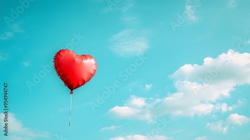 Vibrant red heart-shaped balloon, clear blue sky, fluffy white clouds, bright sunny day, floating balloon, symbol of love, freedom concept, minimalist composition, uplifting mood.