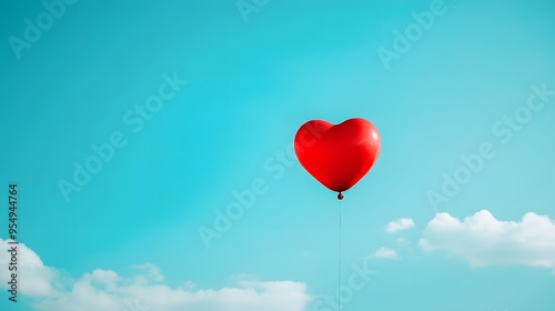 Vibrant red heart-shaped balloon, clear blue sky, fluffy white clouds, bright sunny day, floating balloon, symbol of love, freedom concept, minimalist composition, uplifting mood.