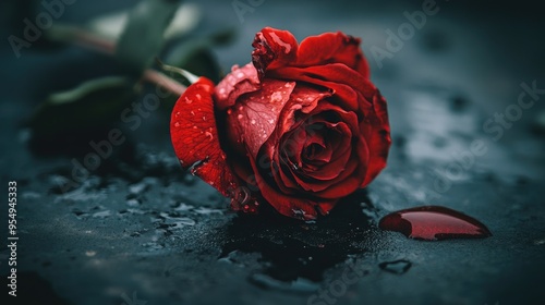 A withered red rose on a black background, a drop of blood clinging to a faded petal, symbolizing lost love and sorrow.