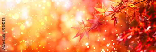  Autumn leaves on a golden background. Autumn web banner with golden bokeh, copy space for text