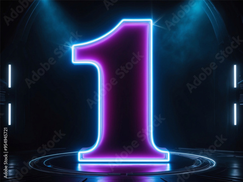 A vibrant neon pink number one is outlined by glowing blue light, set in a futuristic, dimly lit environment. Technology, progress, modern digital design.