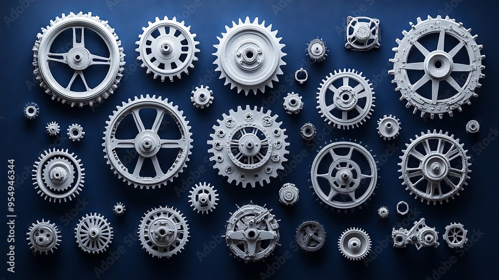 Various metal gears and cogs arranged on dark background Various metal gears and cogs arranged on dark background