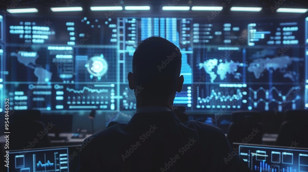 Banker managing financial risks using advanced AI analytics and real-time data dashboards Banker managing financial risks using advanced AI analytics and real-time data dashboards