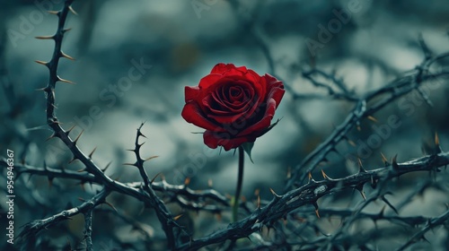 Amidst a sea of thorns, a single red rose symbolizes the pain and hope of Good Friday, capturing the poignant atmosphere photo