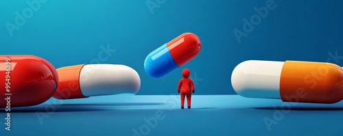 A small figure stands between giant pills, symbolizing choices in health and medication within a vibrant blue background. photo