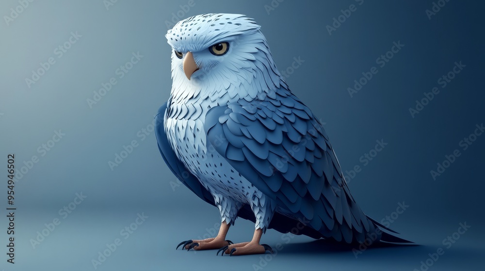 Fototapeta premium A stunning illustration of a blue owl, showcasing intricate feather details and a captivating gaze against a soft gradient background.