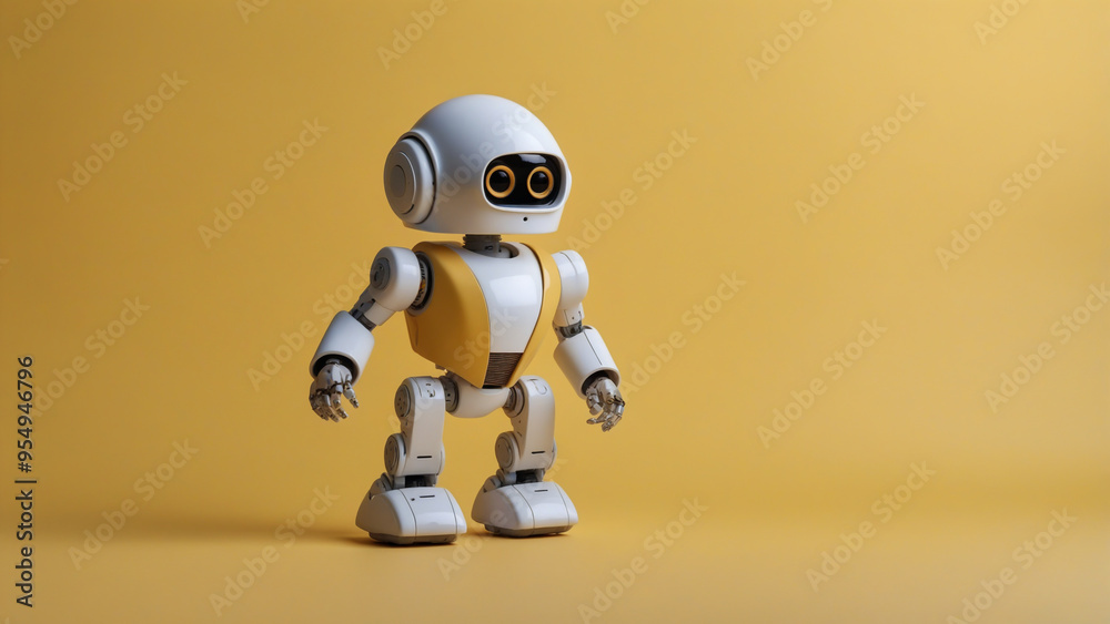 Tiny humanoid robot isolated on yellow background Tiny humanoid robot isolated on yellow background