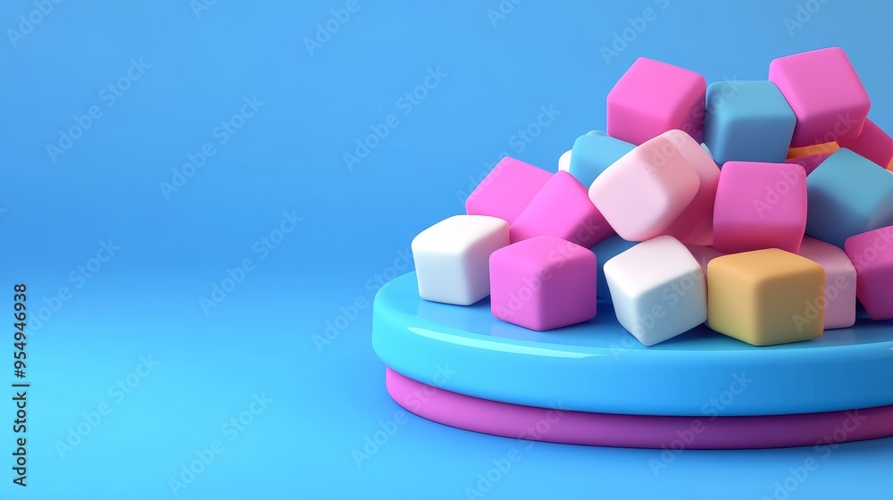 A vibrant arrangement of colorful foam blocks on a blue background, perfect for children's toys or playful design themes. A vibrant arrangement of colorful foam blocks on a blue background, perfect for children's toys or playful design themes.