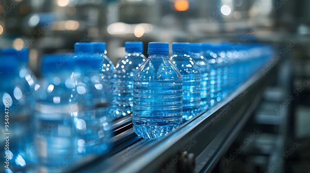 Water bottling production line, transparent plastic bottles, bright blue bottle caps, industrial manufacturing, conveyor belt, clean factory environment, rows of water bottles. Water bottling production line, transparent plastic bottles, bright blue bottle caps, industrial manufacturing, conveyor belt, clean factory environment, rows of water bottles.