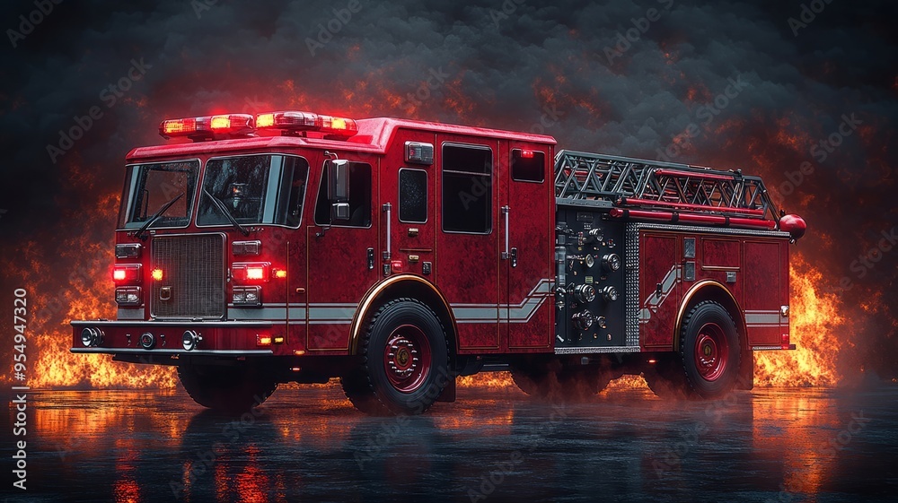Red fire truck with flashing lights in dramatic fire scene Stock ...
