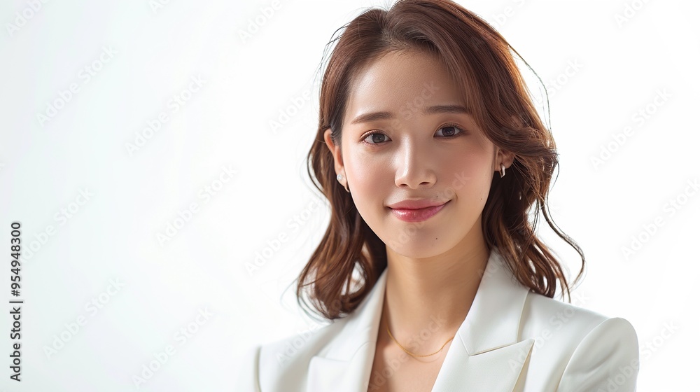 Professional young woman smiling confidently in a white blazer, representing success and modernity in a bright studio setting. Professional young woman smiling confidently in a white blazer, representing success and modernity in a bright studio setting.
