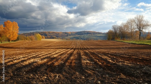 Plowed field with dramatic sky at sunset during autumn