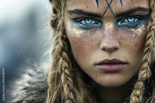 Blonde viking woman wearing fur posing outside photo