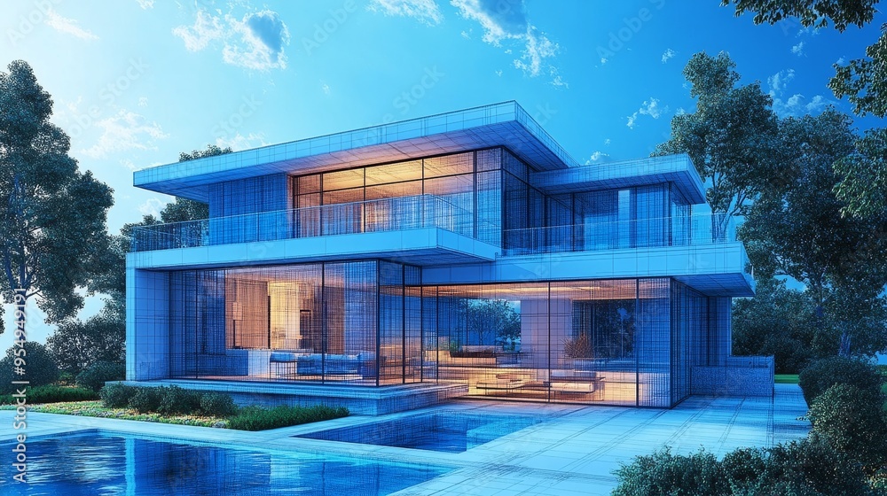 Fototapeta premium A modern, glass-walled house surrounded by greenery and a swimming pool, showcasing contemporary architectural design.