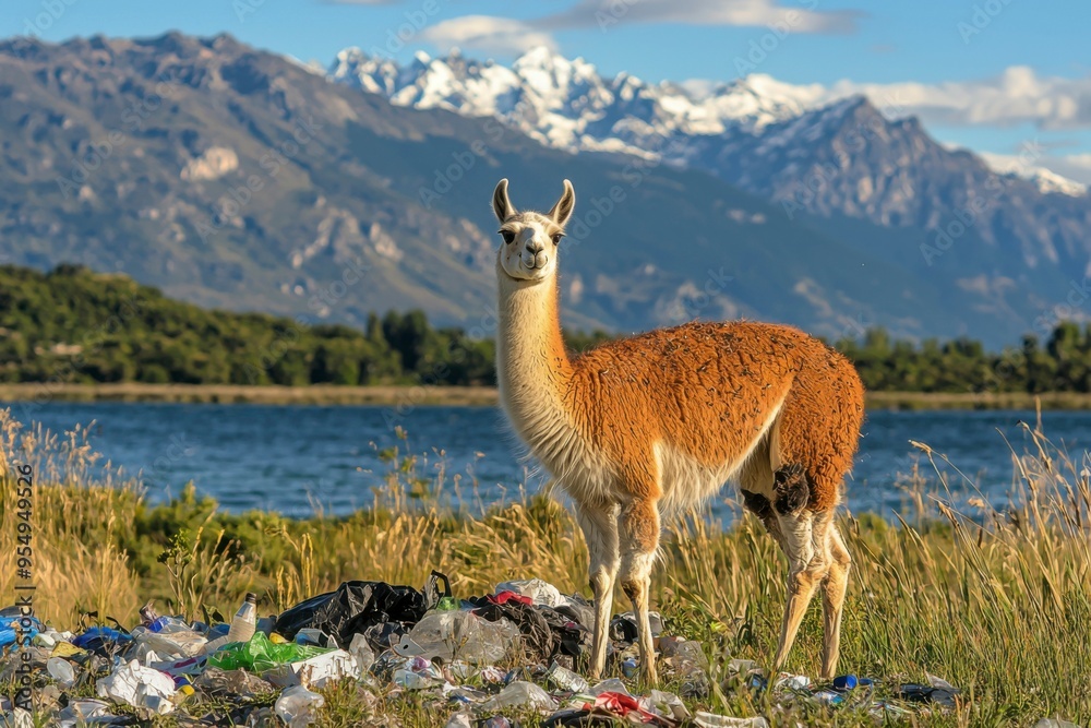 Llama Standing Among Trash With Mountains in the Background Llama Standing Among Trash With Mountains in the Background