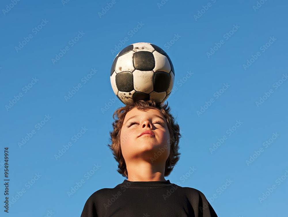 Young Boy Balancing a Soccer Ball on His Head Under the Clear Blue Sky, Symbolizing Focus and Fun Young Boy Balancing a Soccer Ball on His Head Under the Clear Blue Sky, Symbolizing Focus and Fun