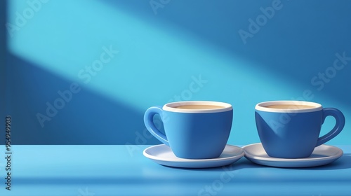 Two blue coffee cups with saucers sit on a bright blue table, illuminated by soft shadows creating a warm atmosphere.