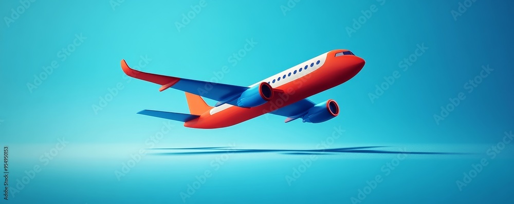 Naklejka premium Vibrant airplane flying against a blue background, symbolizing travel, adventure, and modern aviation.
