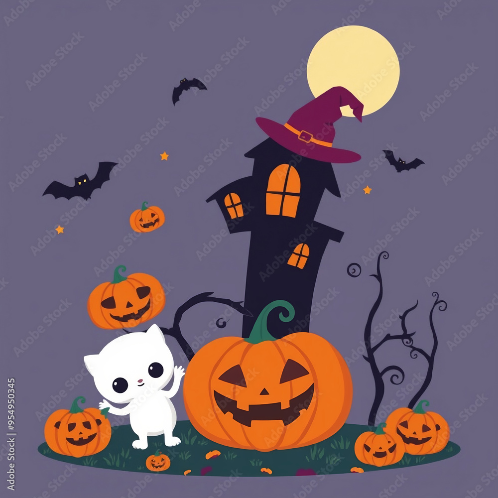 Happy halloween background with a cat, house, hat, pumpkins, bats and moon Happy halloween background with a cat, house, hat, pumpkins, bats and moon