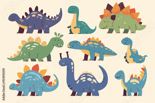 Vector flat cartoon cute dinosaur set, children's book illustration