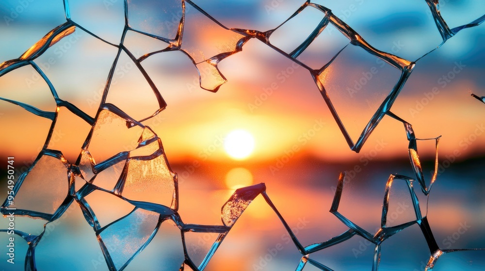 Broken glass pieces up close, silhouetted against a brilliant sunset, highlighting texture and color contrasts Broken glass pieces up close, silhouetted against a brilliant sunset, highlighting texture and color contrasts