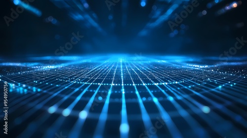 Abstract background with glowing blue light and grid pattern on dark blue backdrop, technology concept