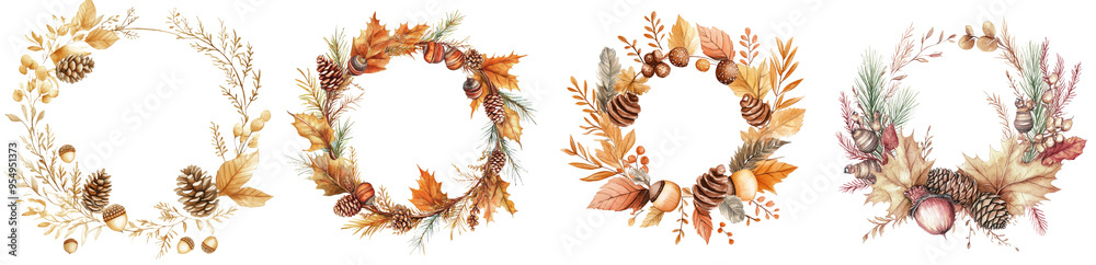 This clipart illustration shows an autumn wreath with an isolated background made out of watercolors. This clipart illustration shows an autumn wreath with an isolated background made out of watercolors.