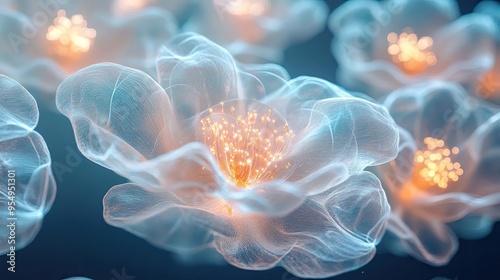 Floating organic pods, each glowing from within, casting soft light onto one another, 3D abstract