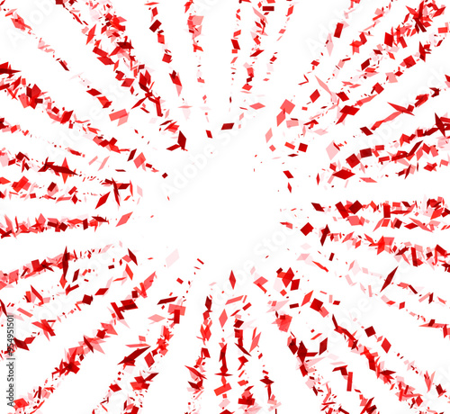 A radiant burst of red confetti pieces exploding from the center, creating a powerful, celebratory explosion on a white background.