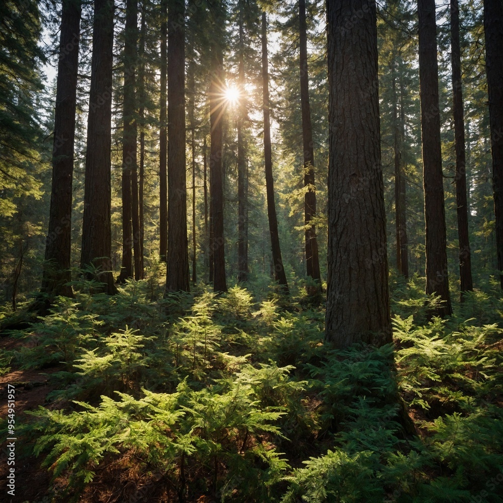 Obraz premium Sunlight filters through dense forest canopy, casting warm glow on ferns, forest floor. Towering conifers create natural rhythm, their trunks standing tall.